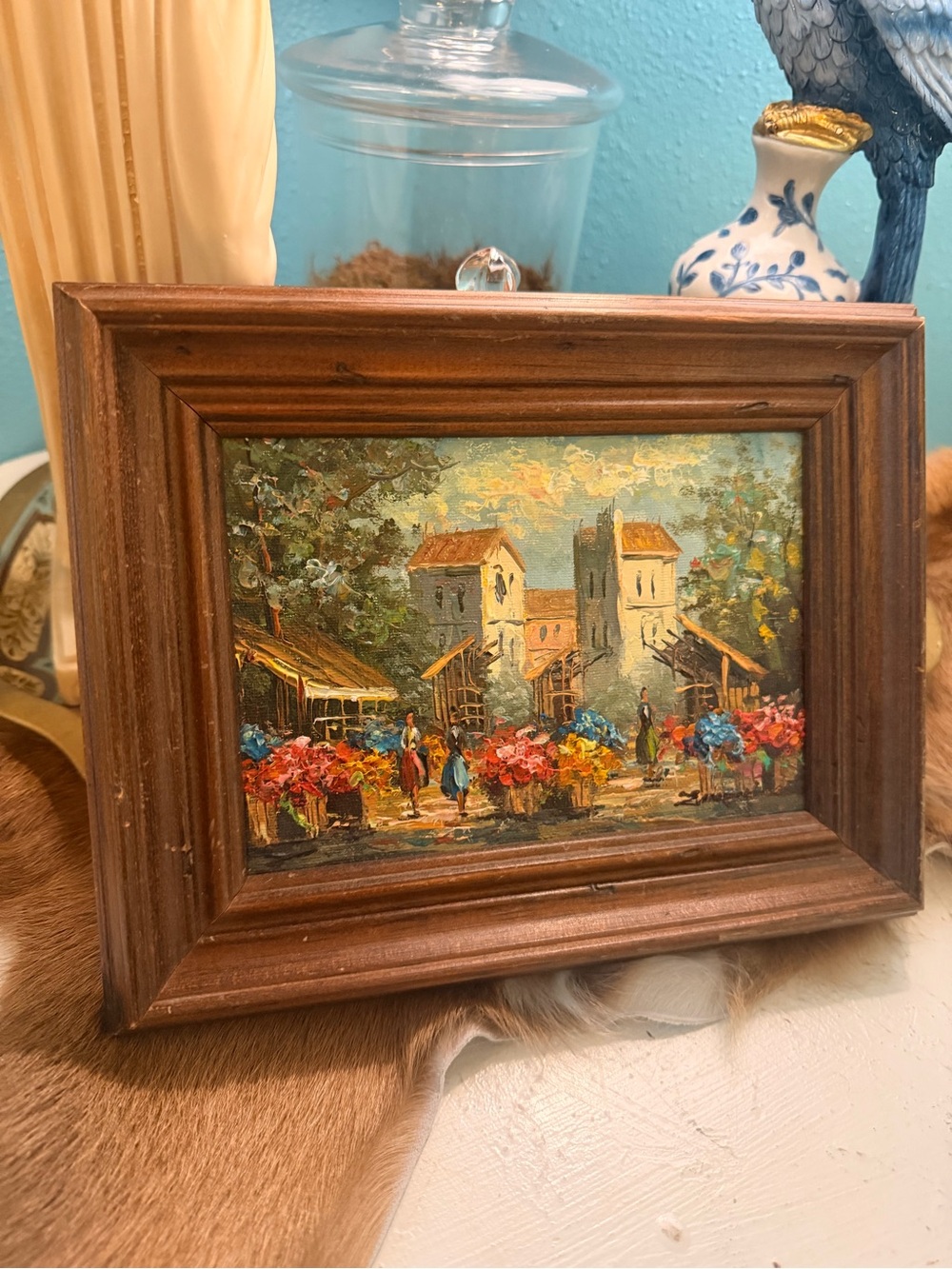 Vintage Original Oil Painting European Flower Market | Framed 9x8